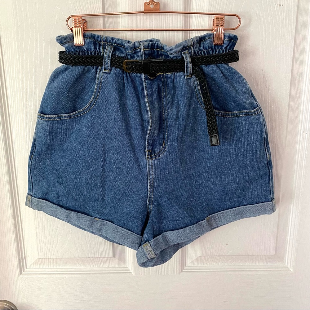 Paper Bag Denim Shorts High Rise Mom Shorts W/ Belt